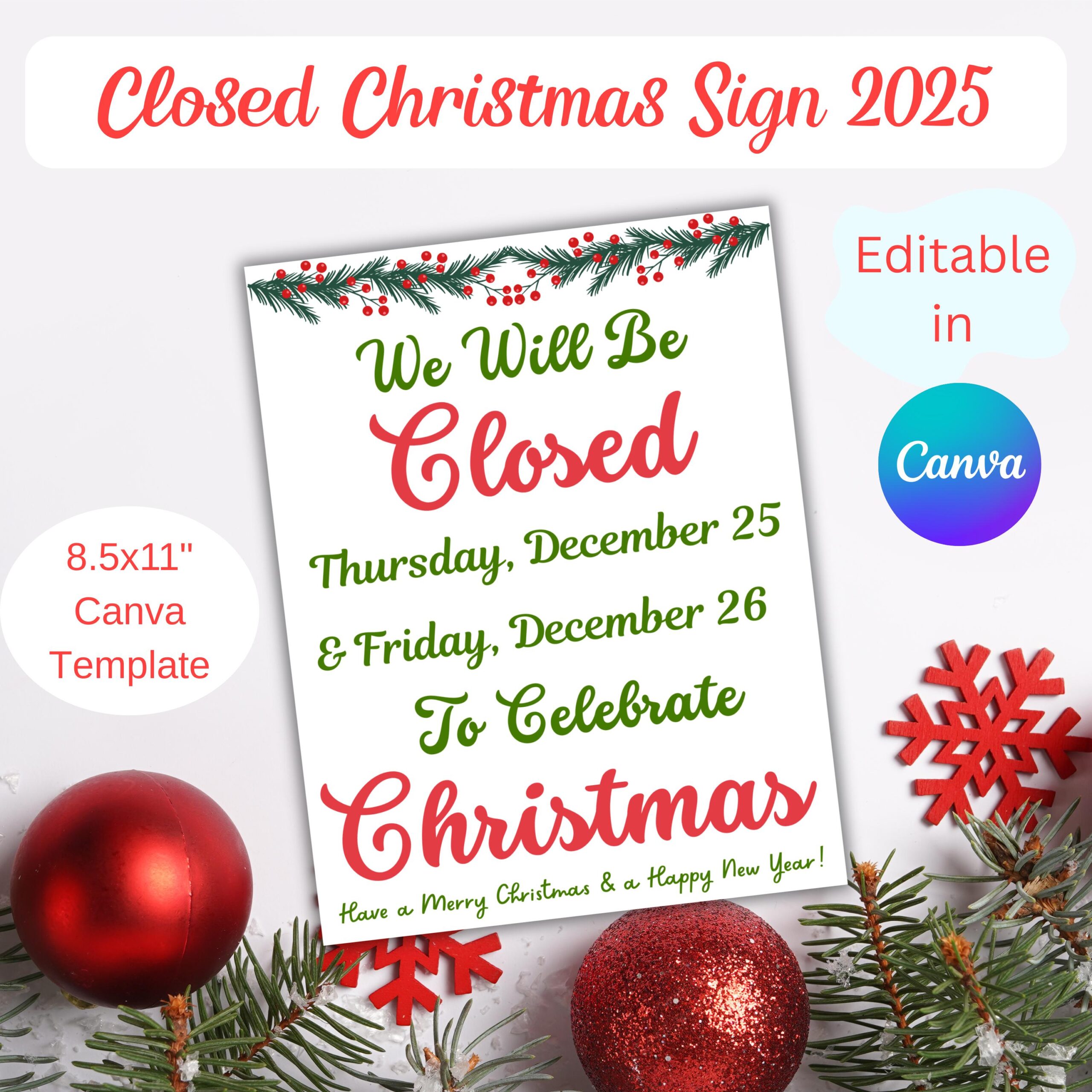 Editable Closed For Christmas Sign