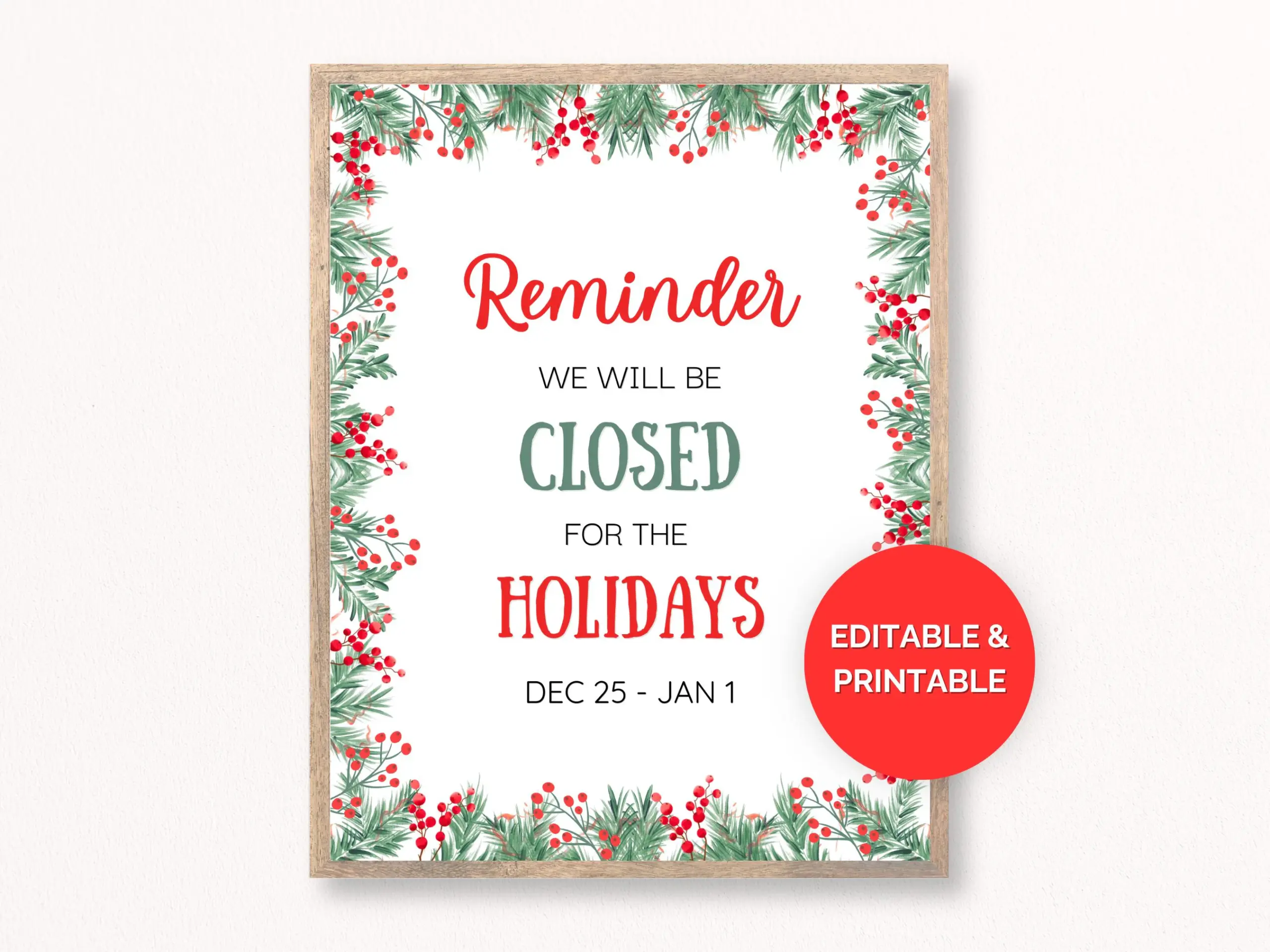 Editable Closed For Holidays Sign Closed