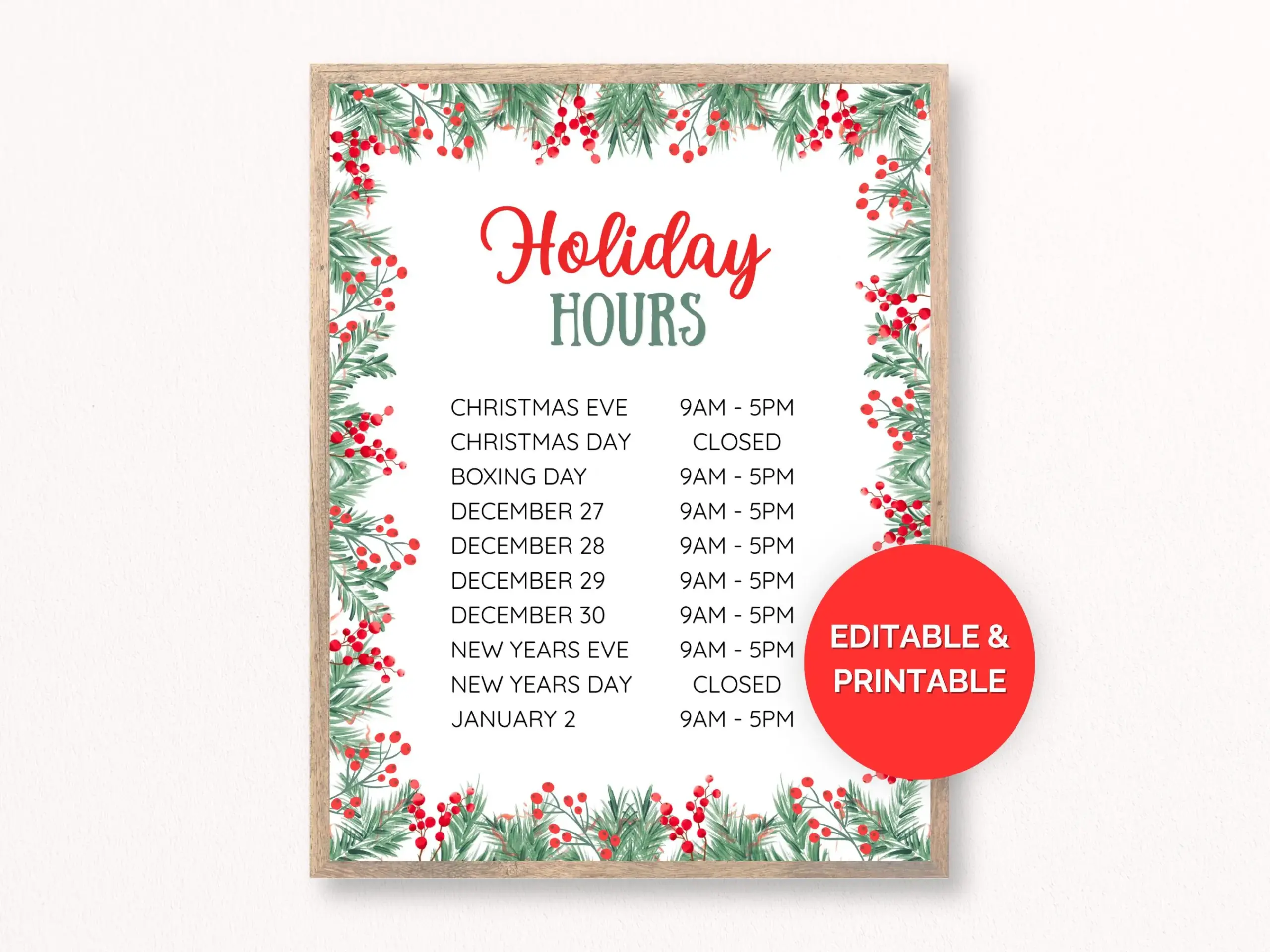 Editable Holidays Hours Sign Christmas