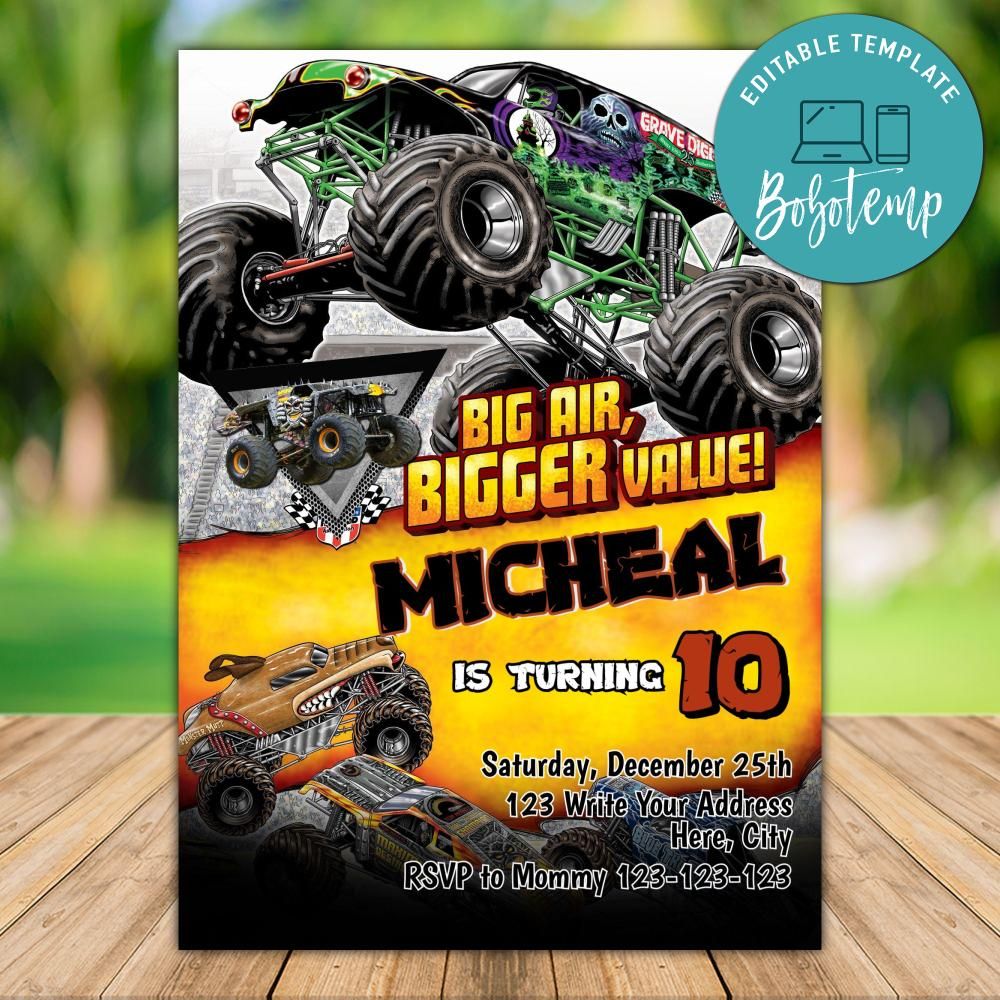 Editable Monster Jam Monster Truck Birthday Invitation Digital File