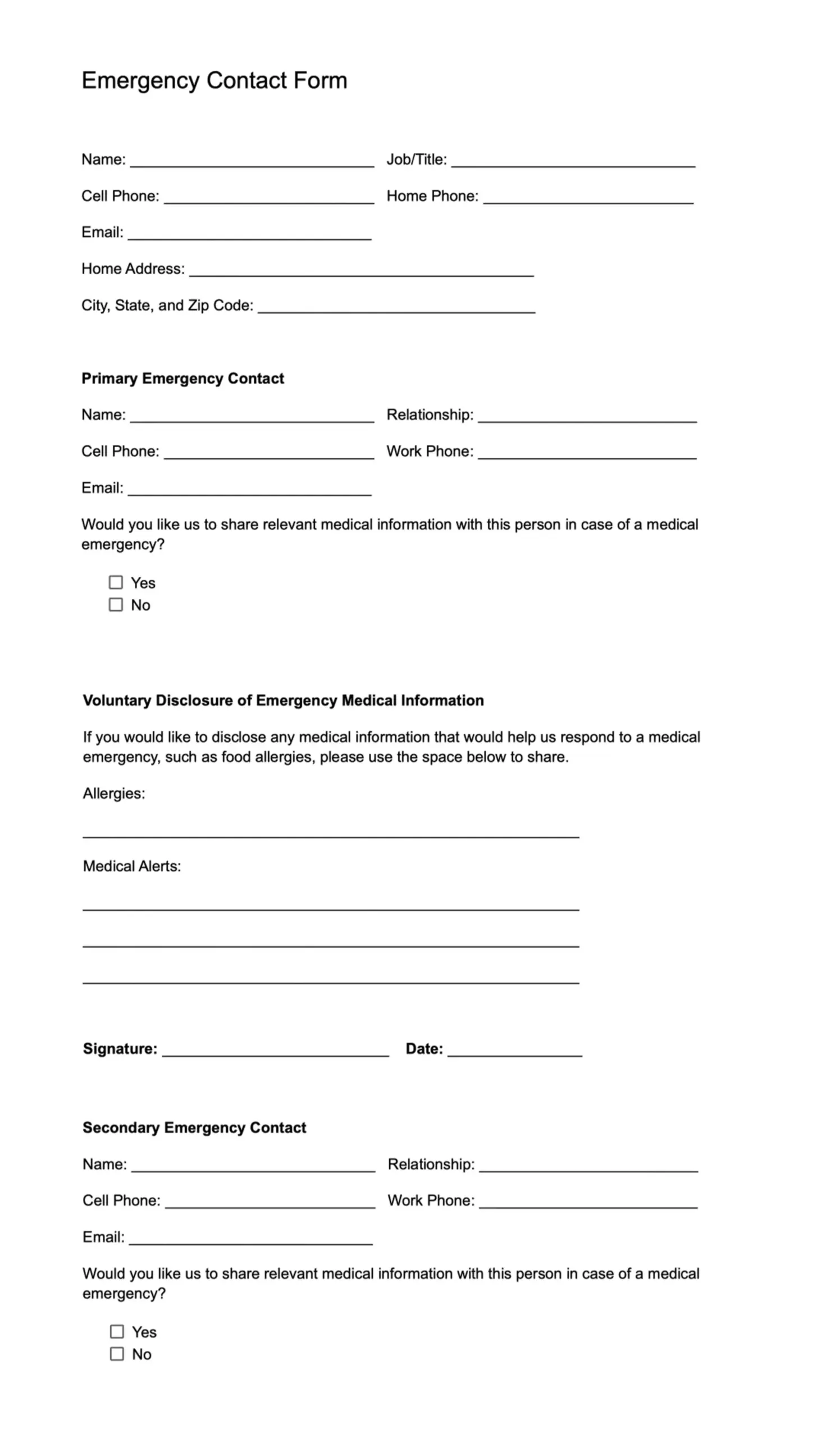 downloadable printable employee emergency contact form template