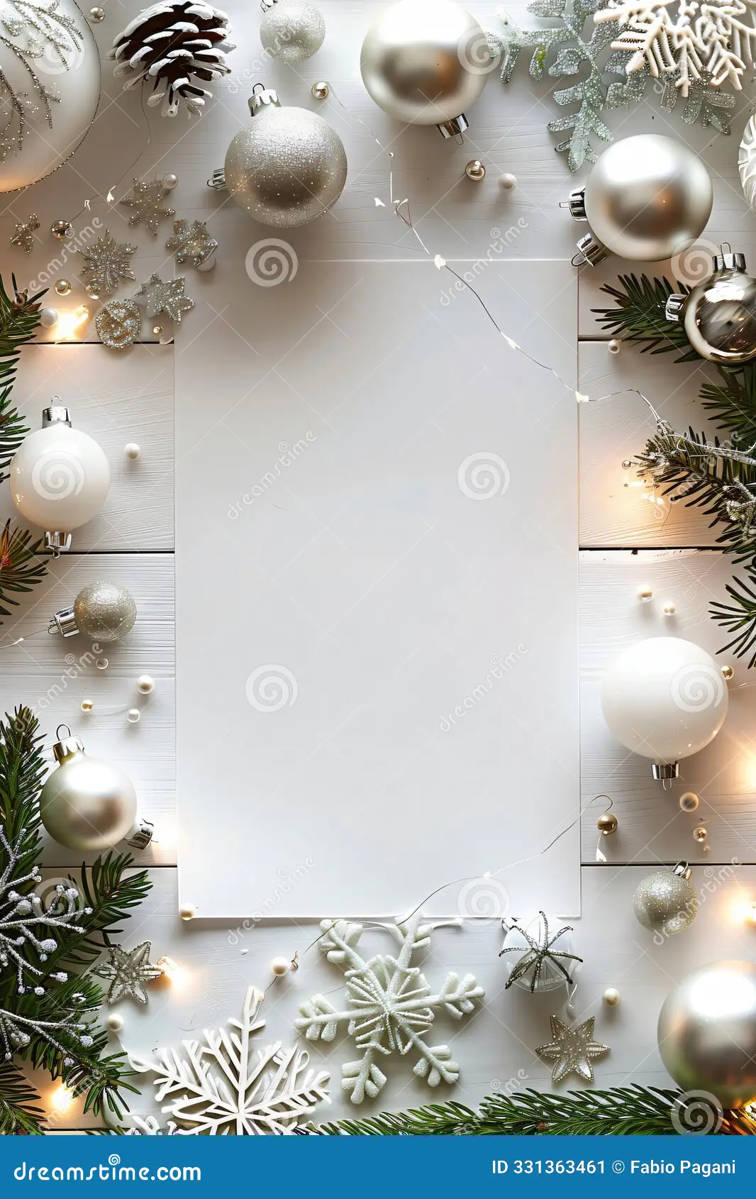Festive Christmas Menu Template Silver White Ornaments Pine Branches Fairy Lights White Wooden Background Image331363461