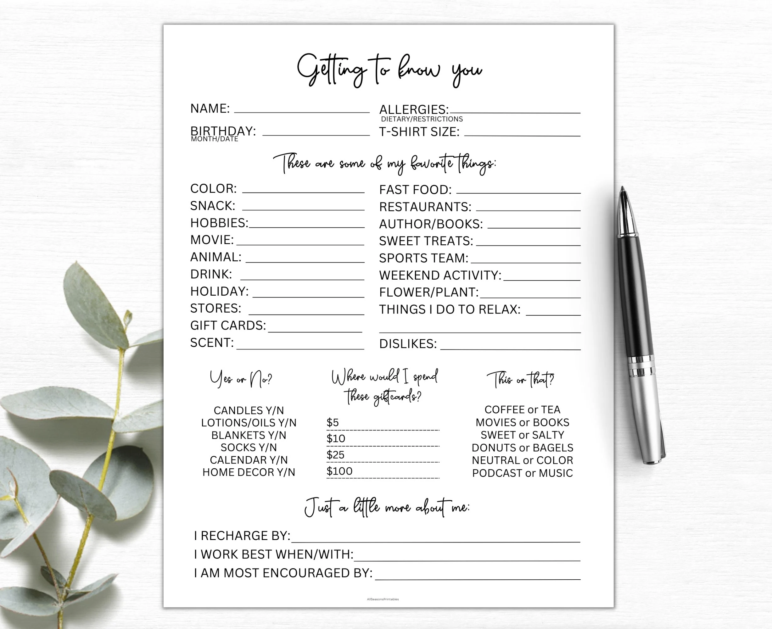 Getting To Know You Printable Coworker