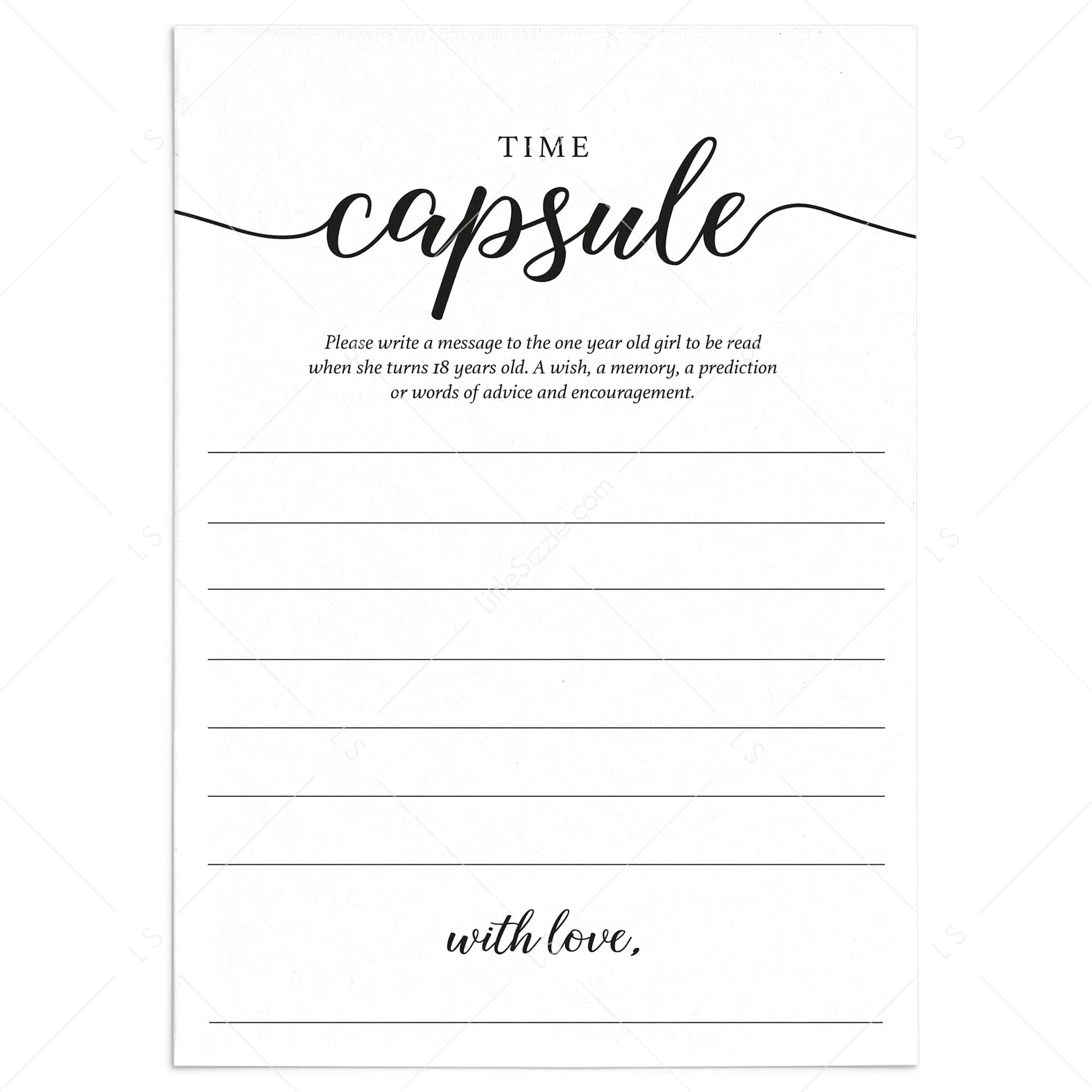 Girl First Birthday Time Capsule Cards Printable
