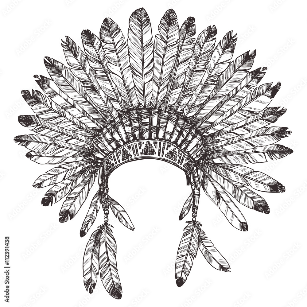 Hand Drawn Native American Indian Headdress Vector Monochrome Illustration Of Indian Tribal Chief Feather Hat