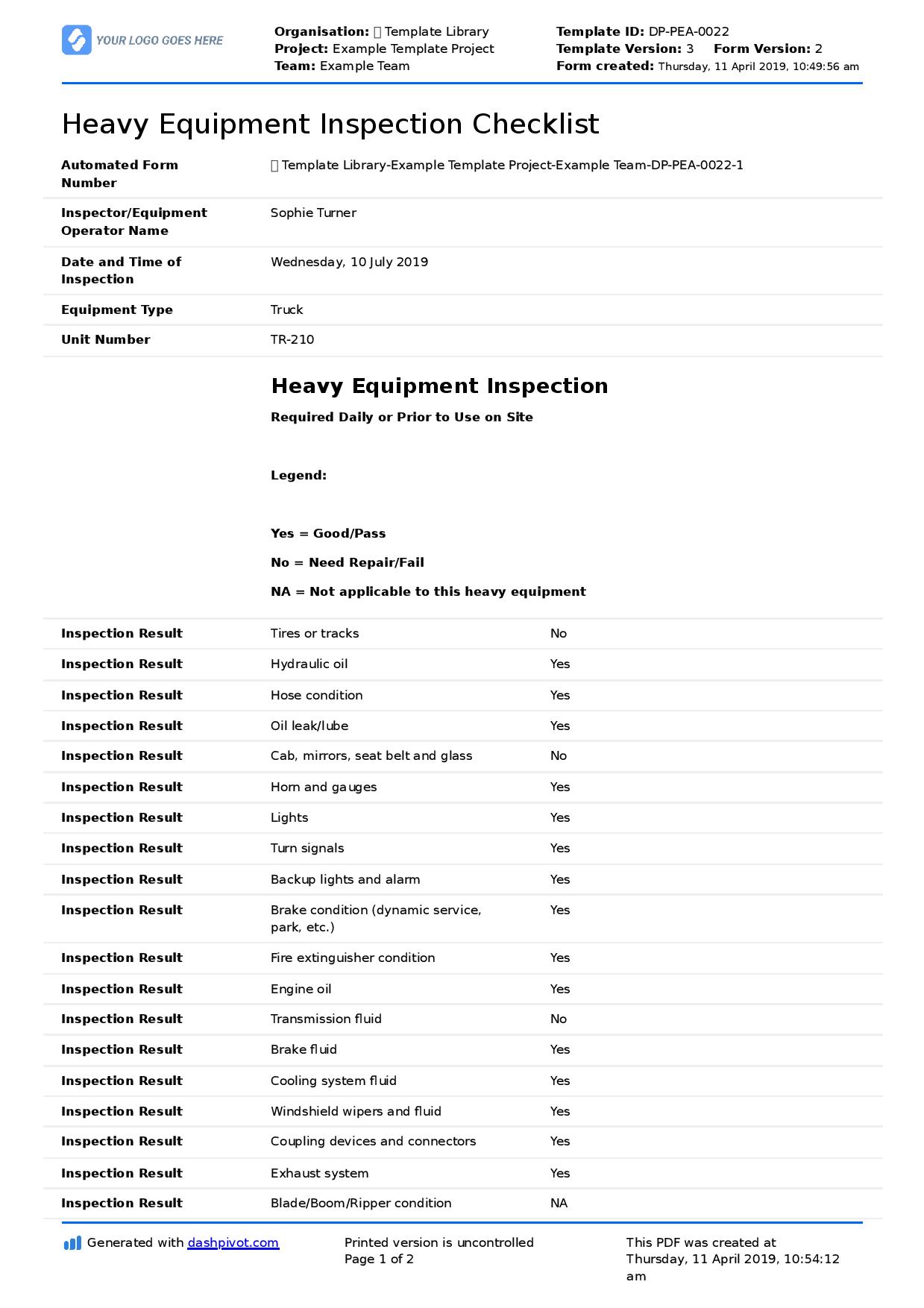 Heavy Equipment Inspection Checklist
