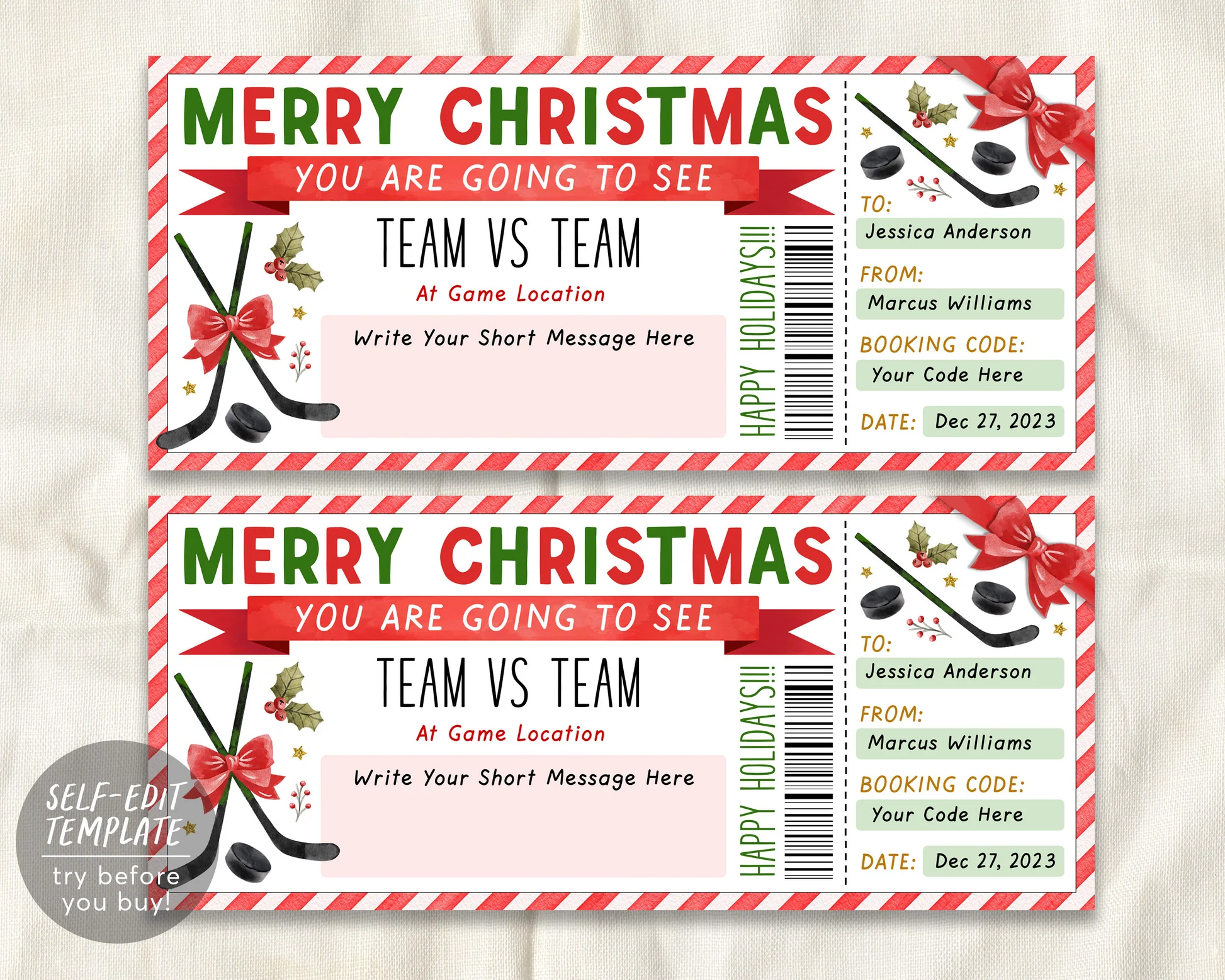Hockey Game Christmas Gift Ticket Editable Template Christmas Surprise Sports Game Ticket Holiday Voucher Gift Certificate Printable 364605283