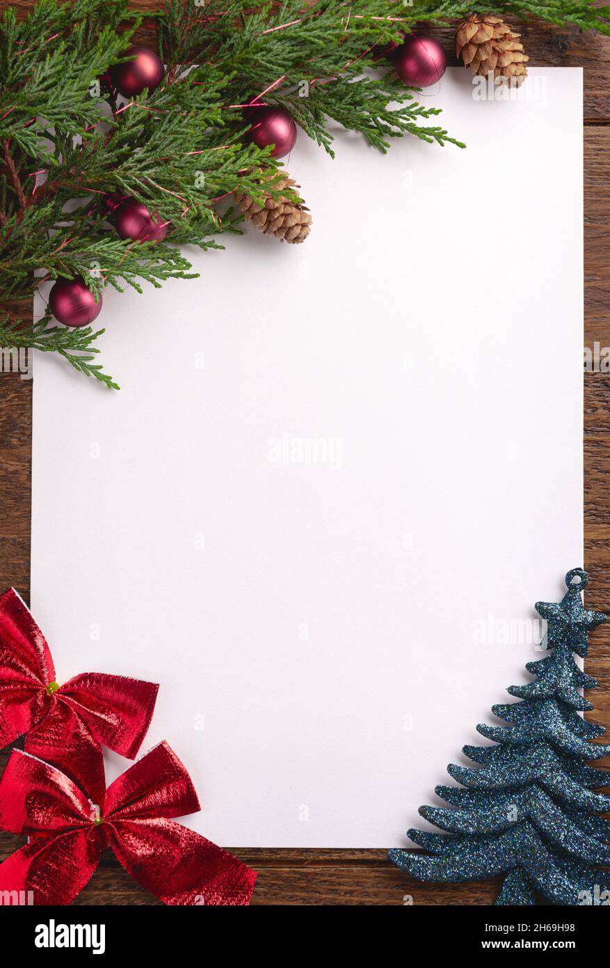 Holiday Christmas Card With Fir Tree And Festive Decorations Balls Stars On Wood Background Christmas Template For Banner Ticket Leaflet Card In Image451368660