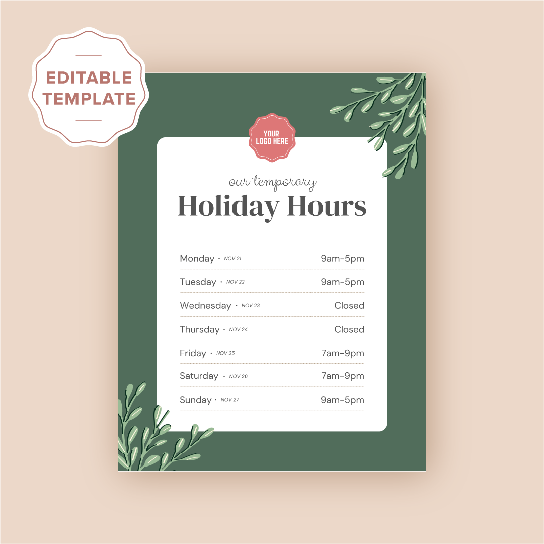 Holiday Hours Store Sign Canva Template