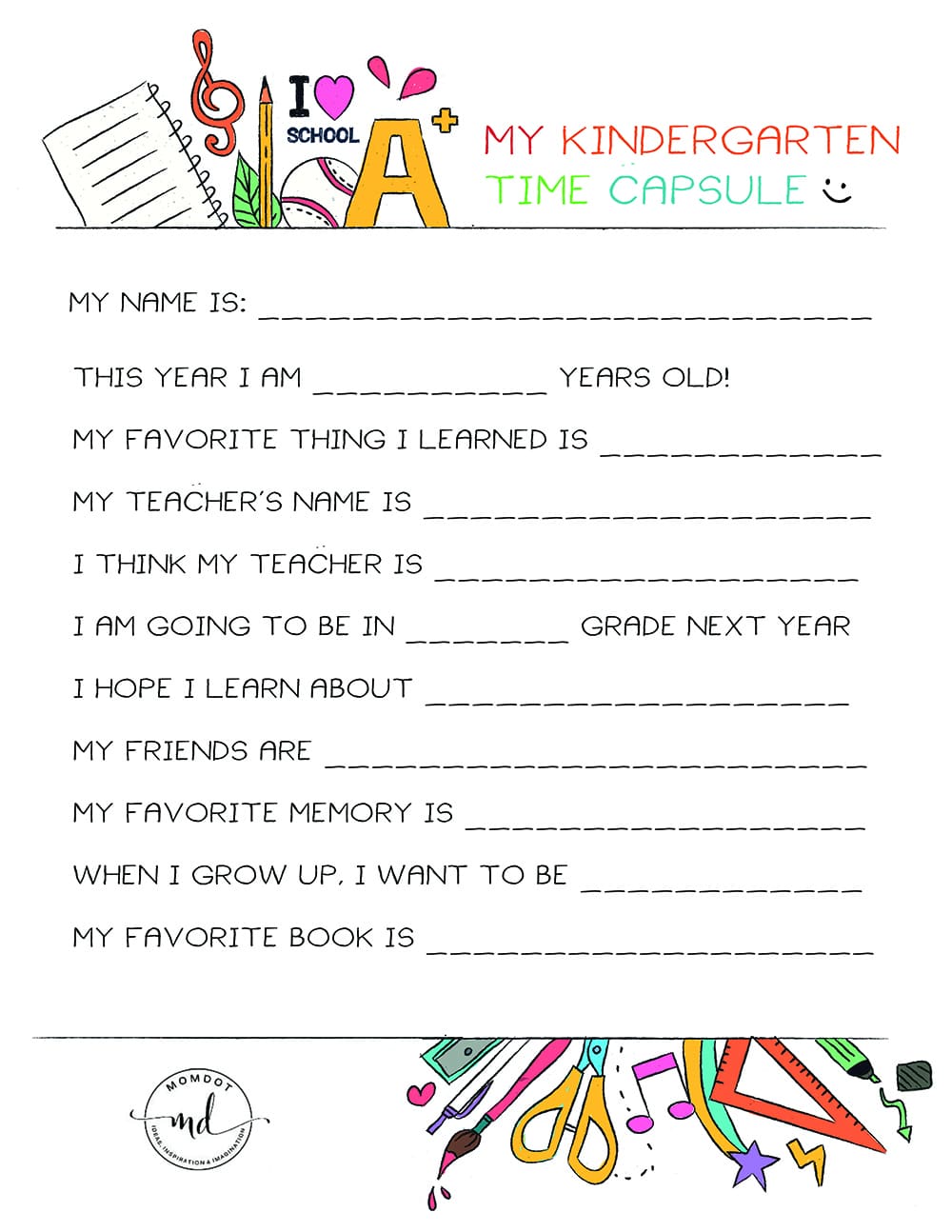 Kindergarten Time Capsule Free Printable 2