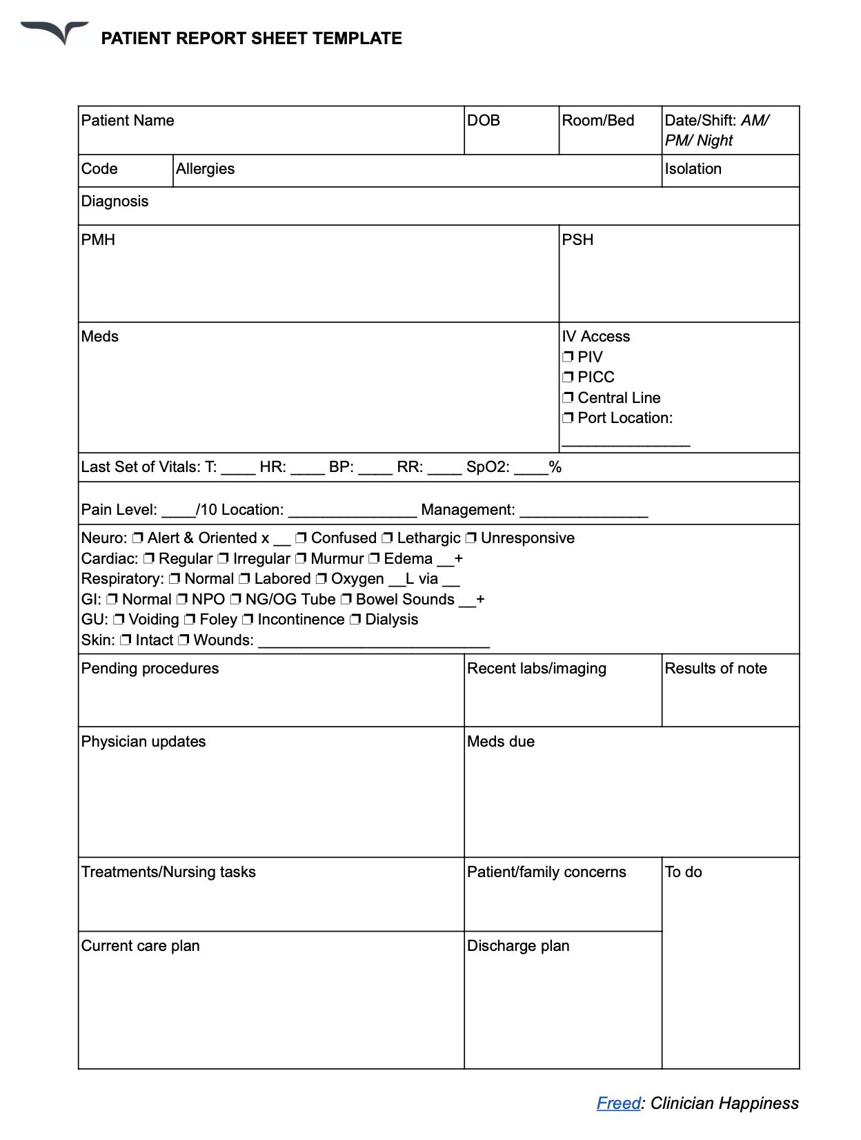 Patient Report Sheet Patient Report Sheet
