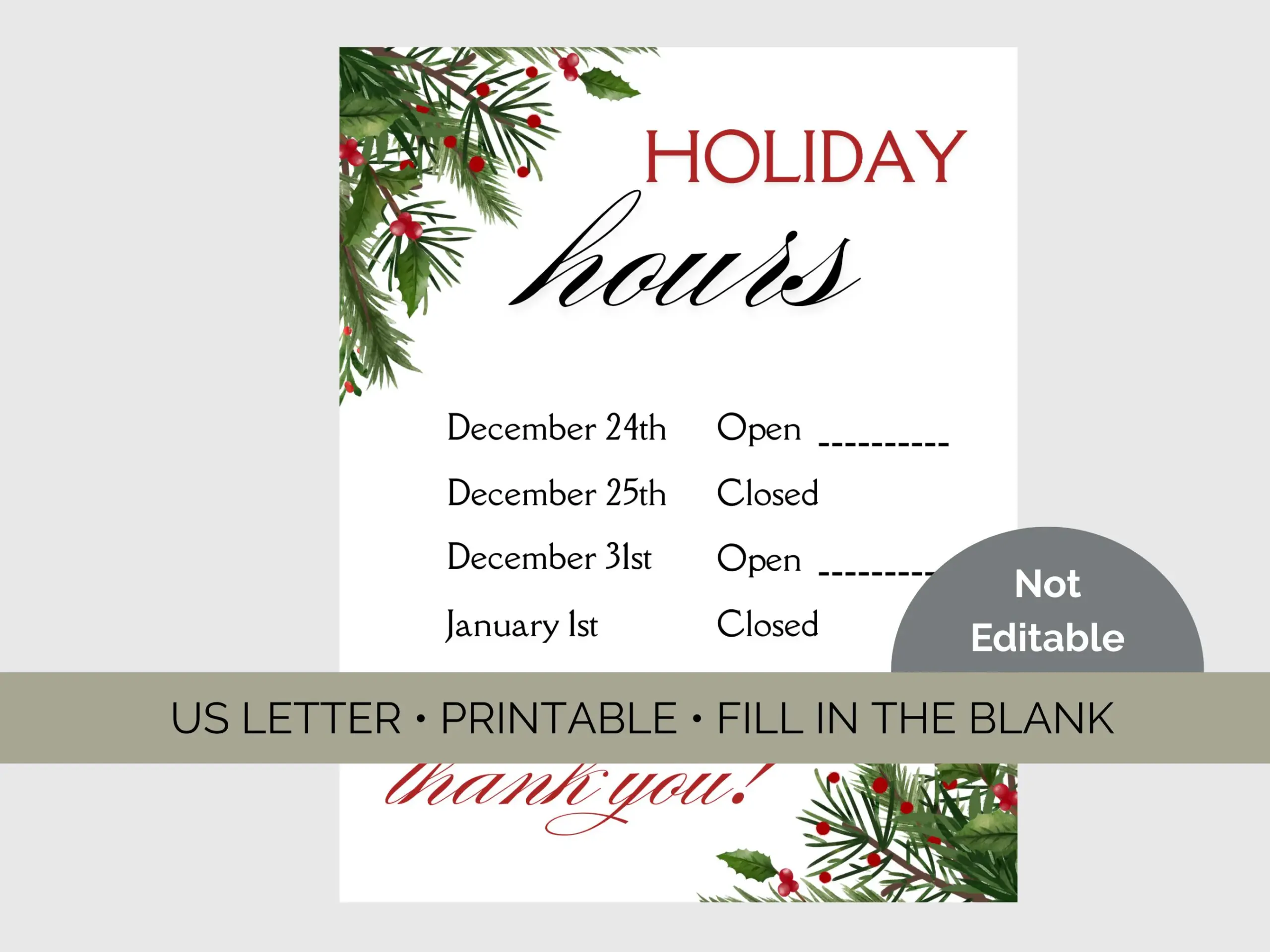 Printable Business Hours Sign Holiday