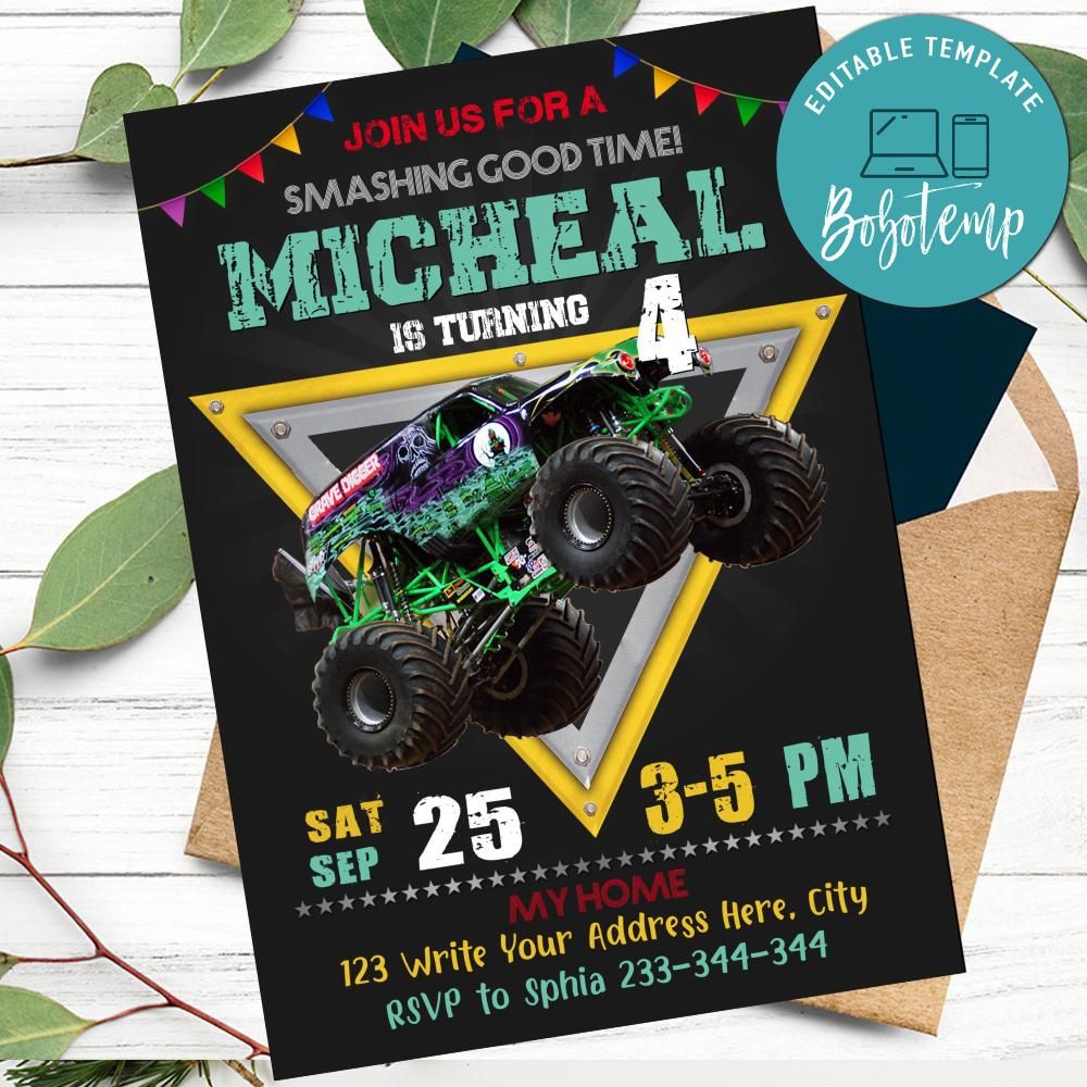 Printable Grave Digger Monster Truck Birthday Invitation Instant Download
