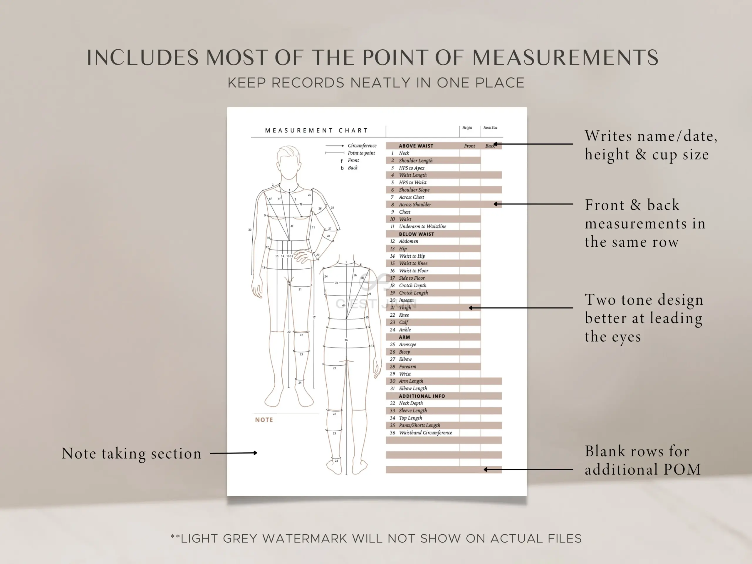 Printable Men Body Size Chart Fillable