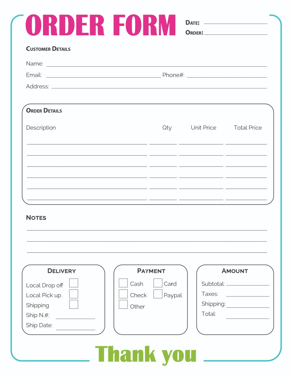 Printable Order Form Template Free Downloads