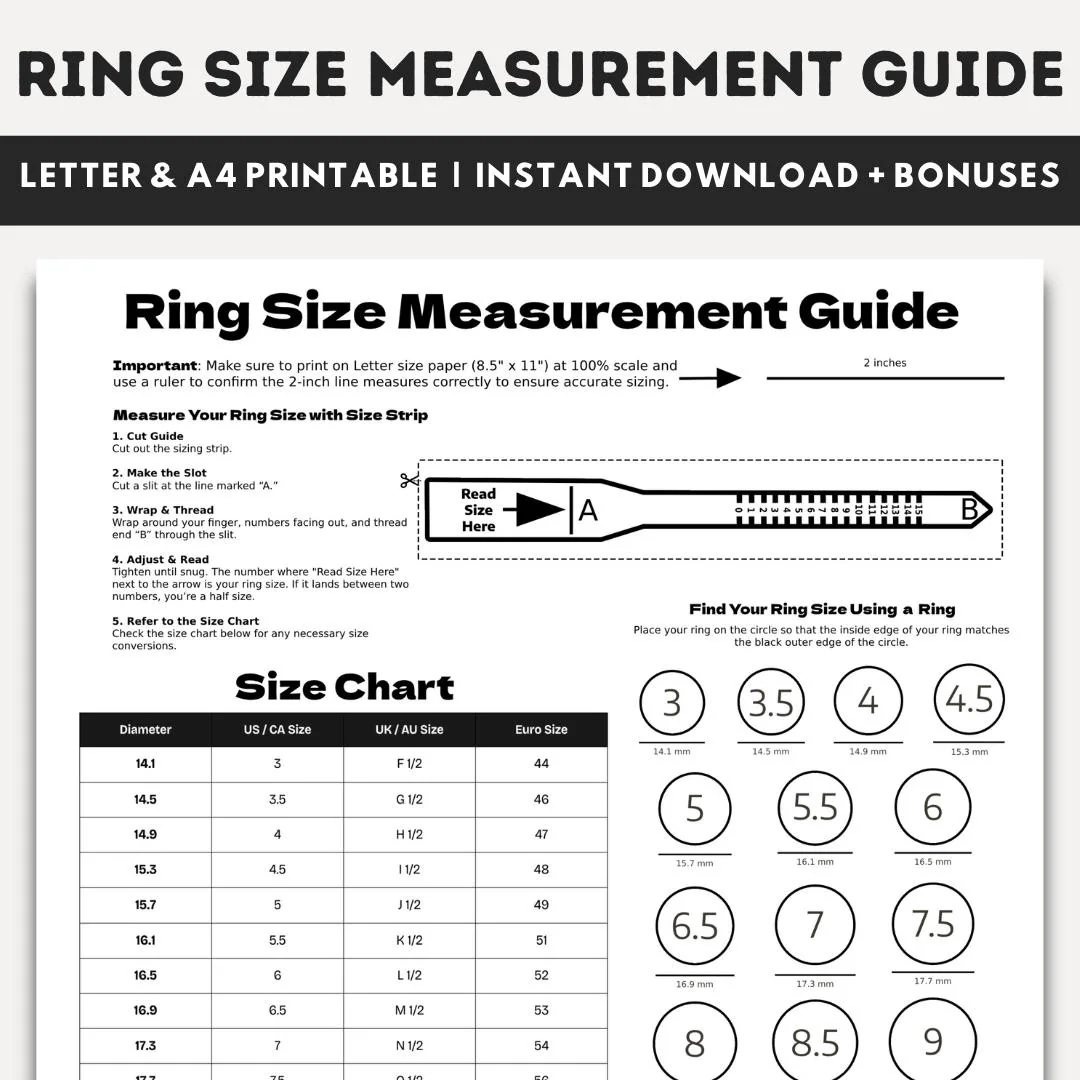Printable Ring Size Chart Ring Sizer