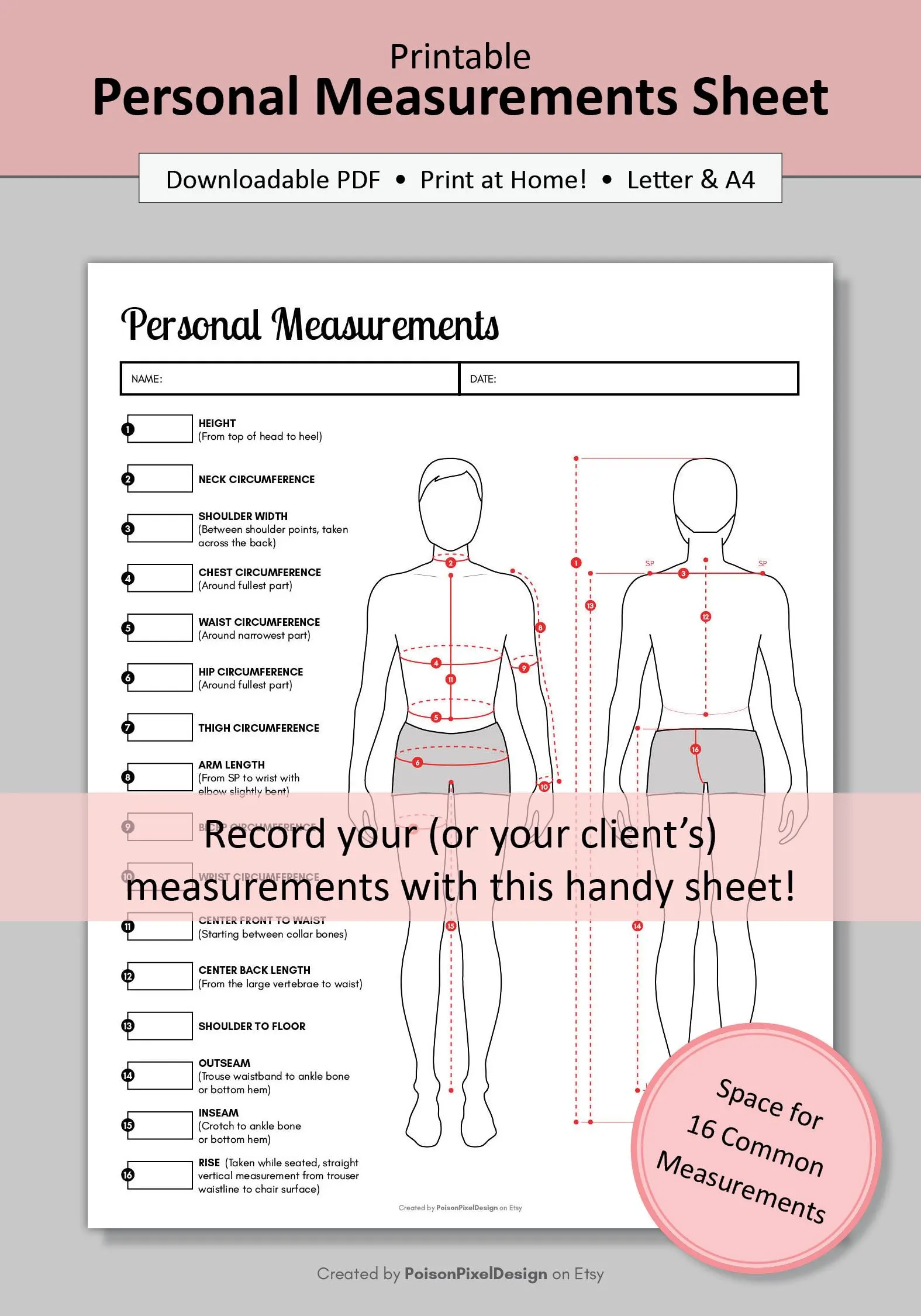 Printable Sewing Sheet Mens Measurement
