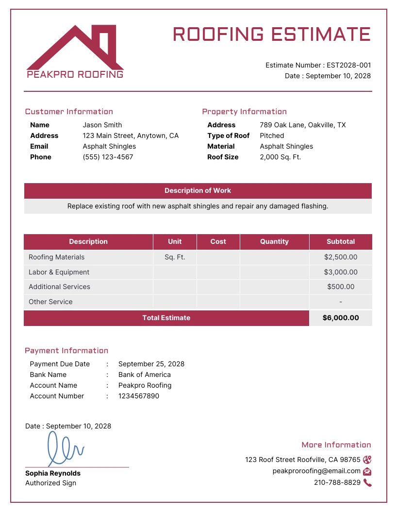 printable roofing estimate template