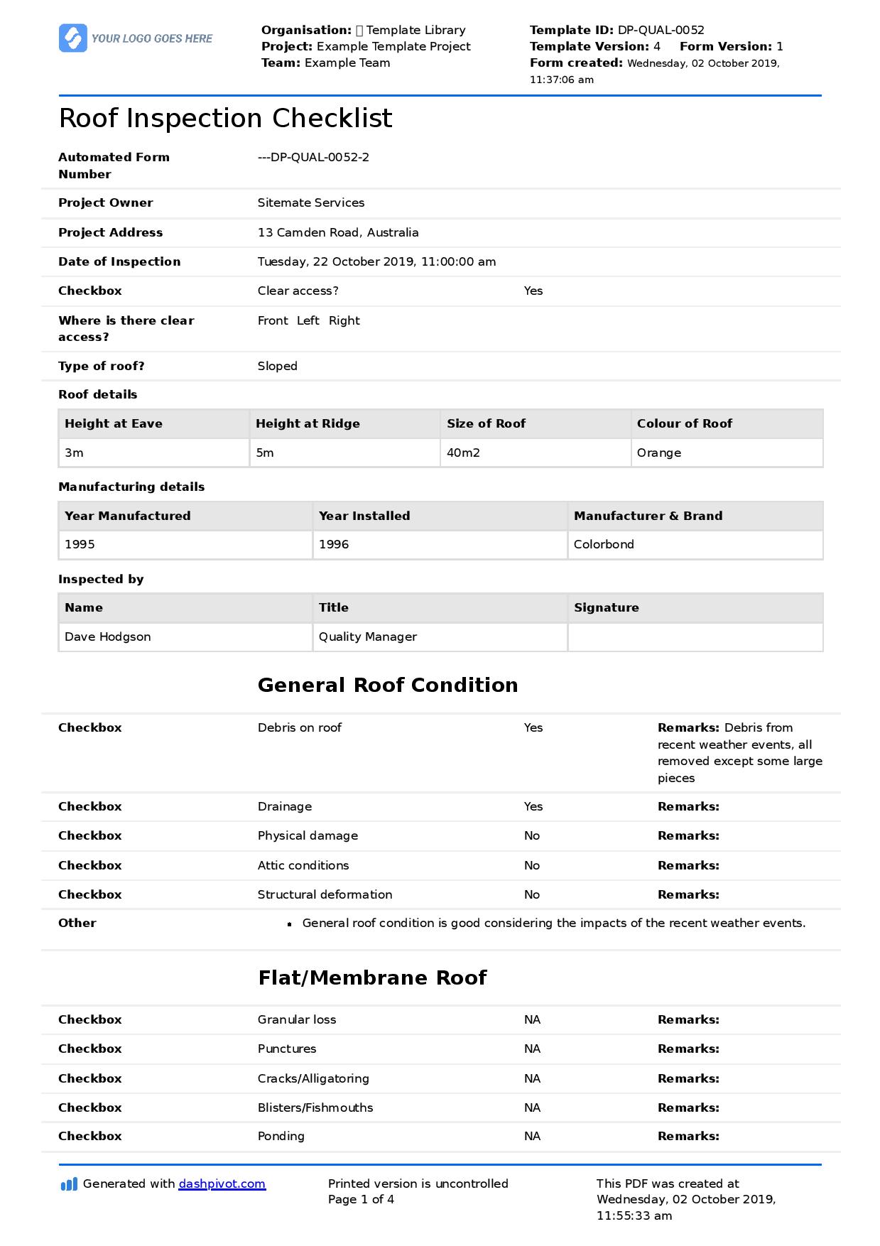 Roof Inspection Checklist Template