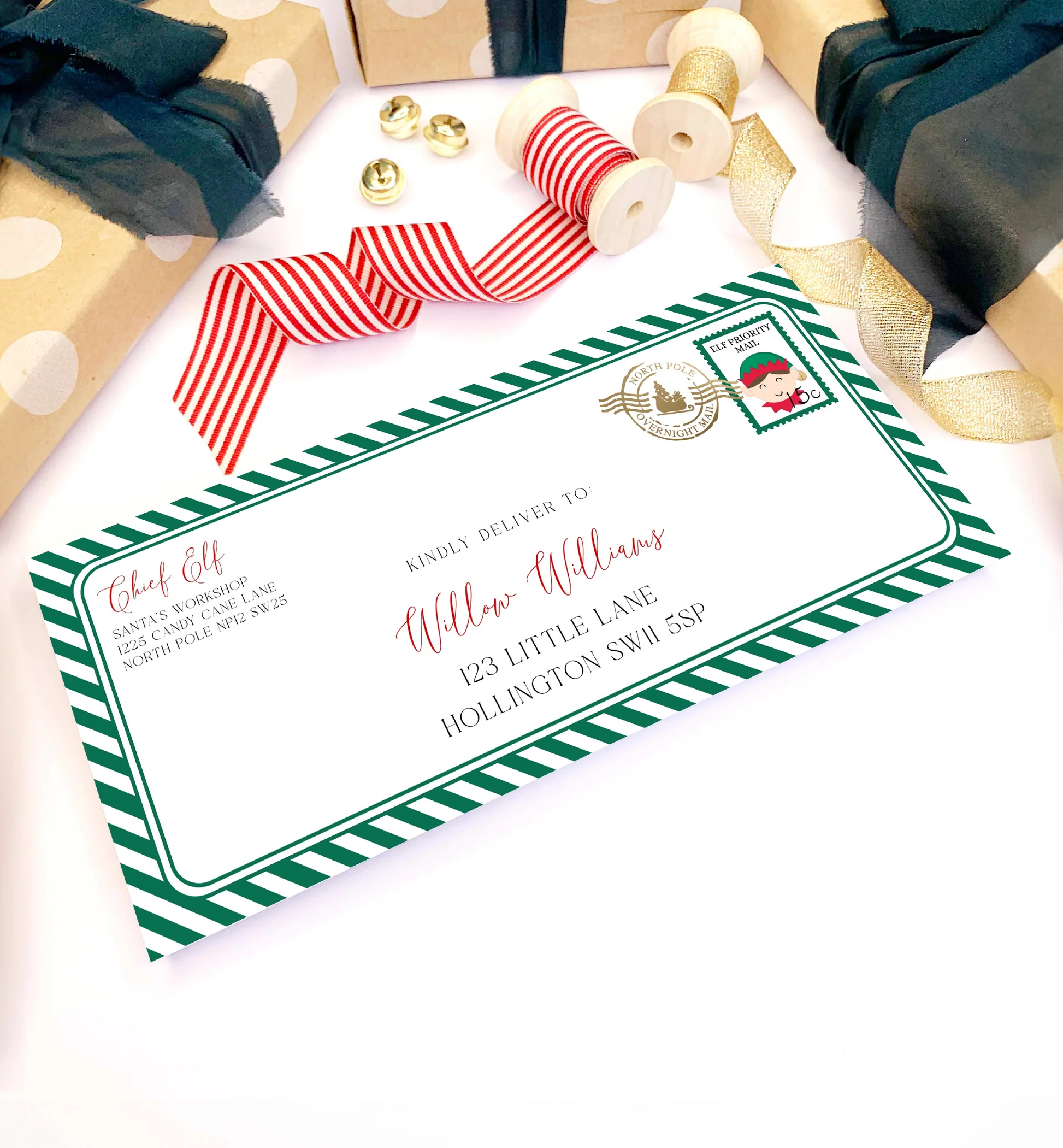 Santas Workshop Green Printable Elf Christmas Envelope Template