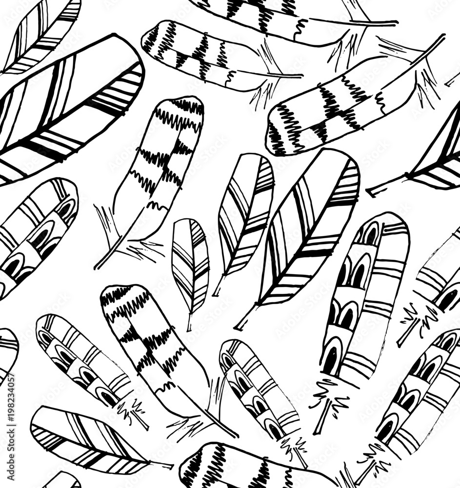 Seamless Bird Feather Pattern The Owl Feather Sketch Drawn By A Liner On A White Background