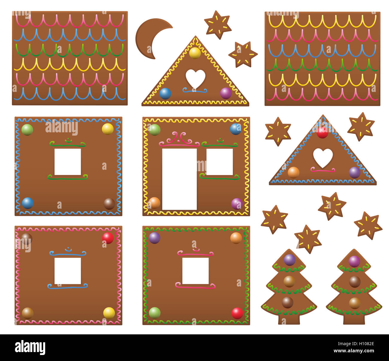 Stock Photo Gingerbread House Template Components With Colorful Candies Illustration 121093574
