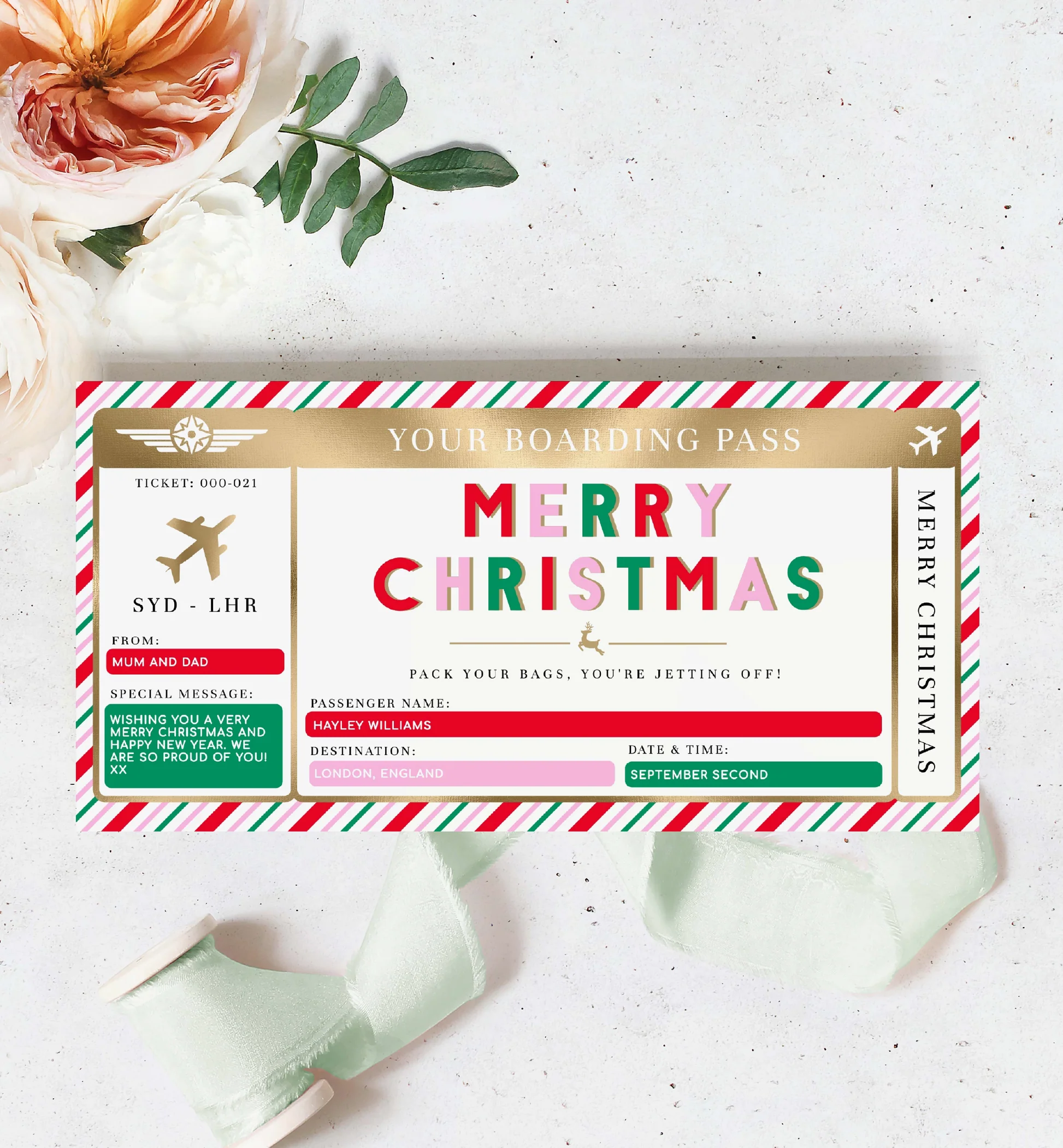 Stripe Pink Multi Printable Christmas Boarding Pass Template Stripe Pink Multi Printable Christmas Boarding Pass Template