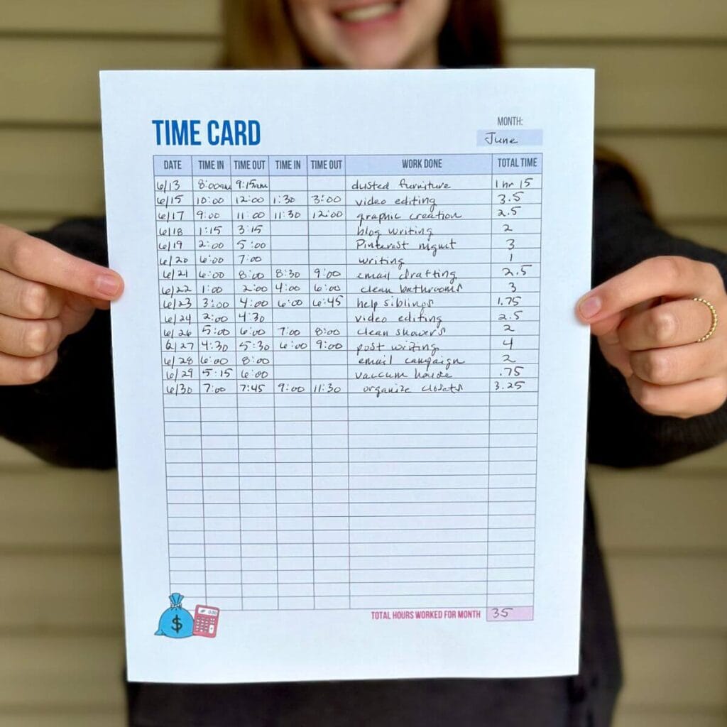 Time Card For Teens Free Printable