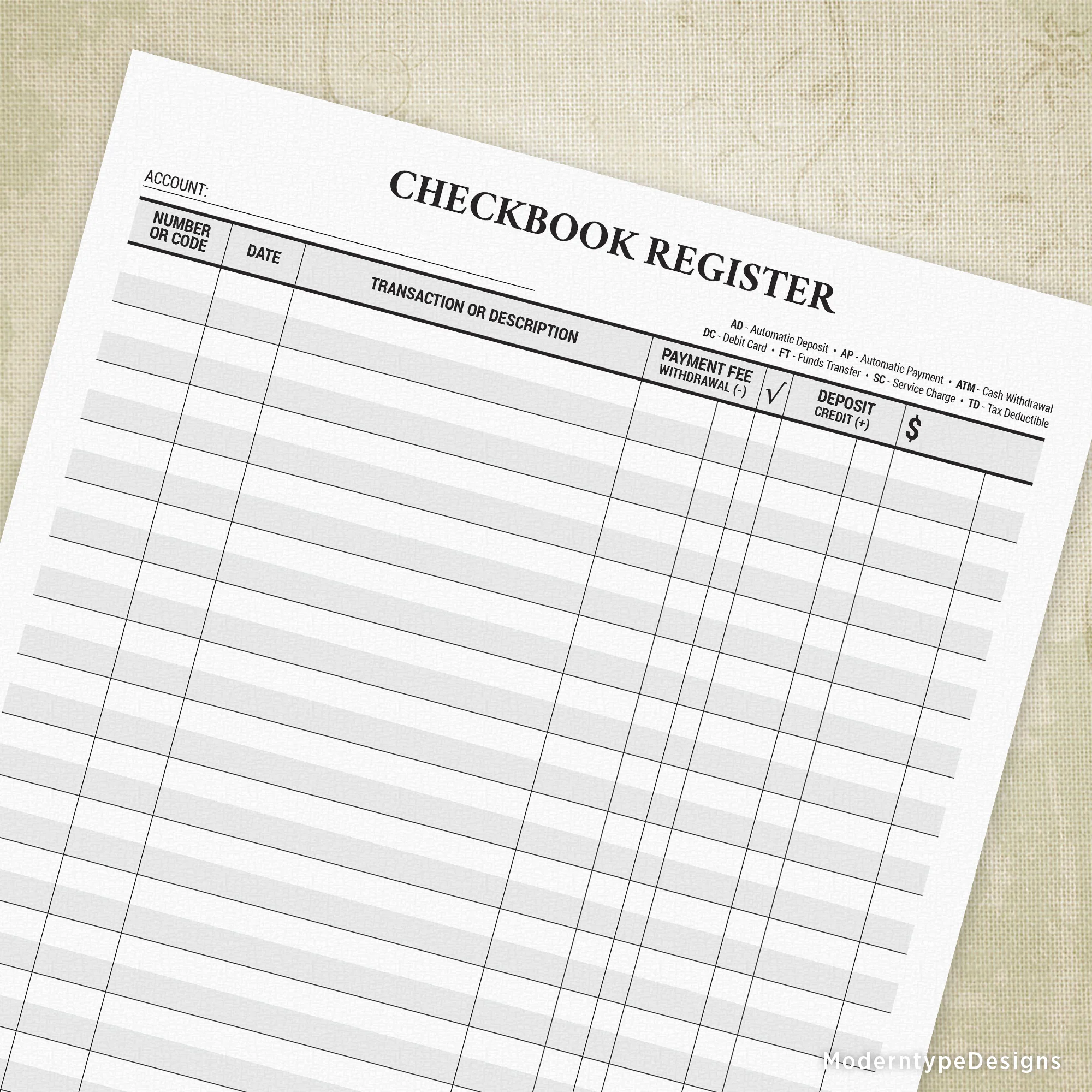 checkbook register template free printable