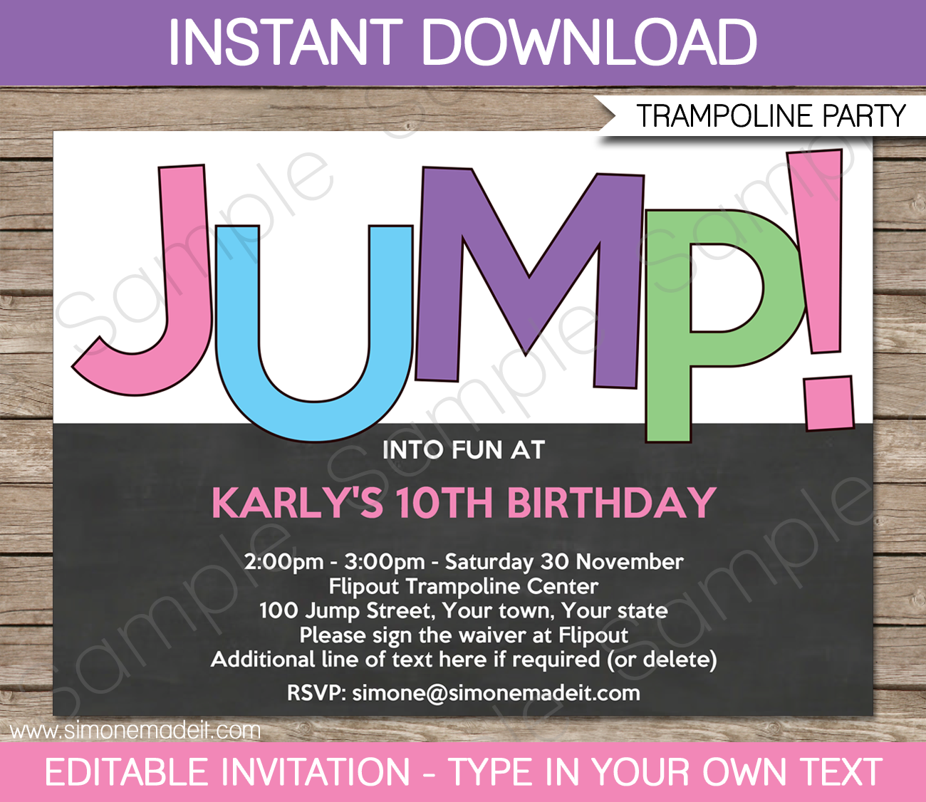 Trampoline Birthday Party Invitations Girls