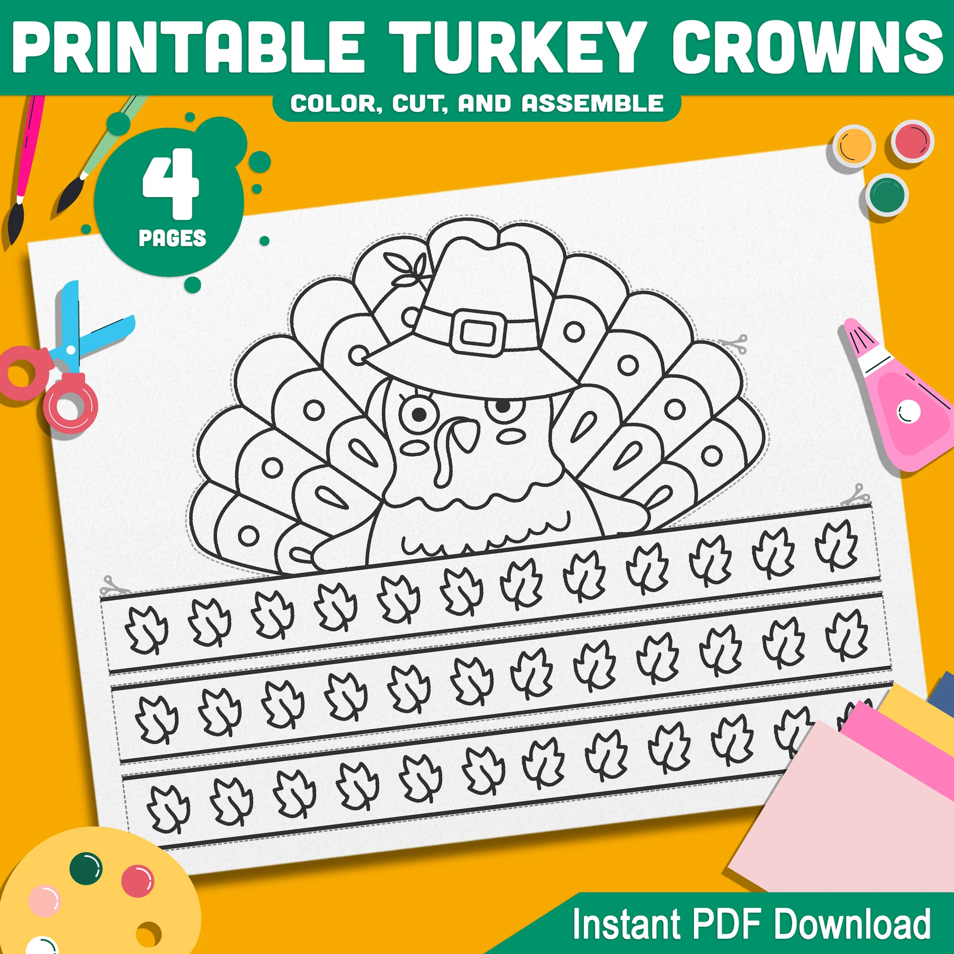 Turkey Crown Craft For Kids 4 Printable Paper Hat Templates For Thanksgiving Celebrations And Party Bags Easy Pdf Instant Download