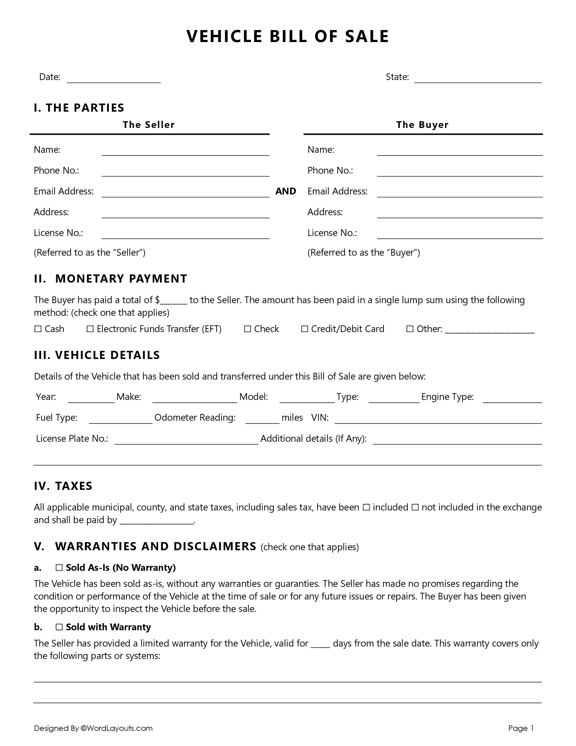 Vehicle Bill Of Sale