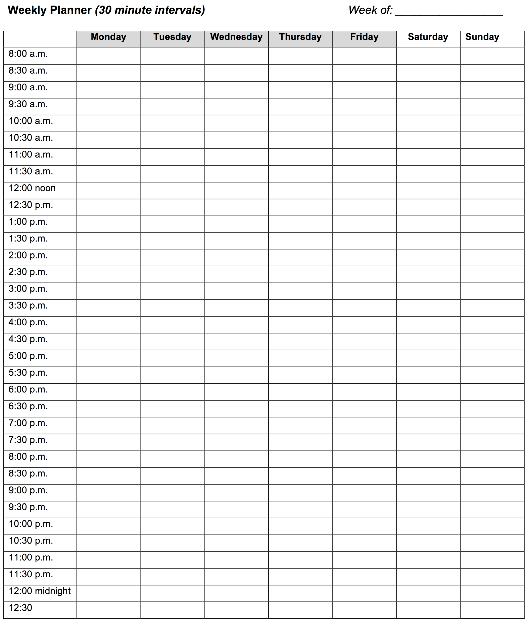 Weekly Planner 30 Minute Intervals